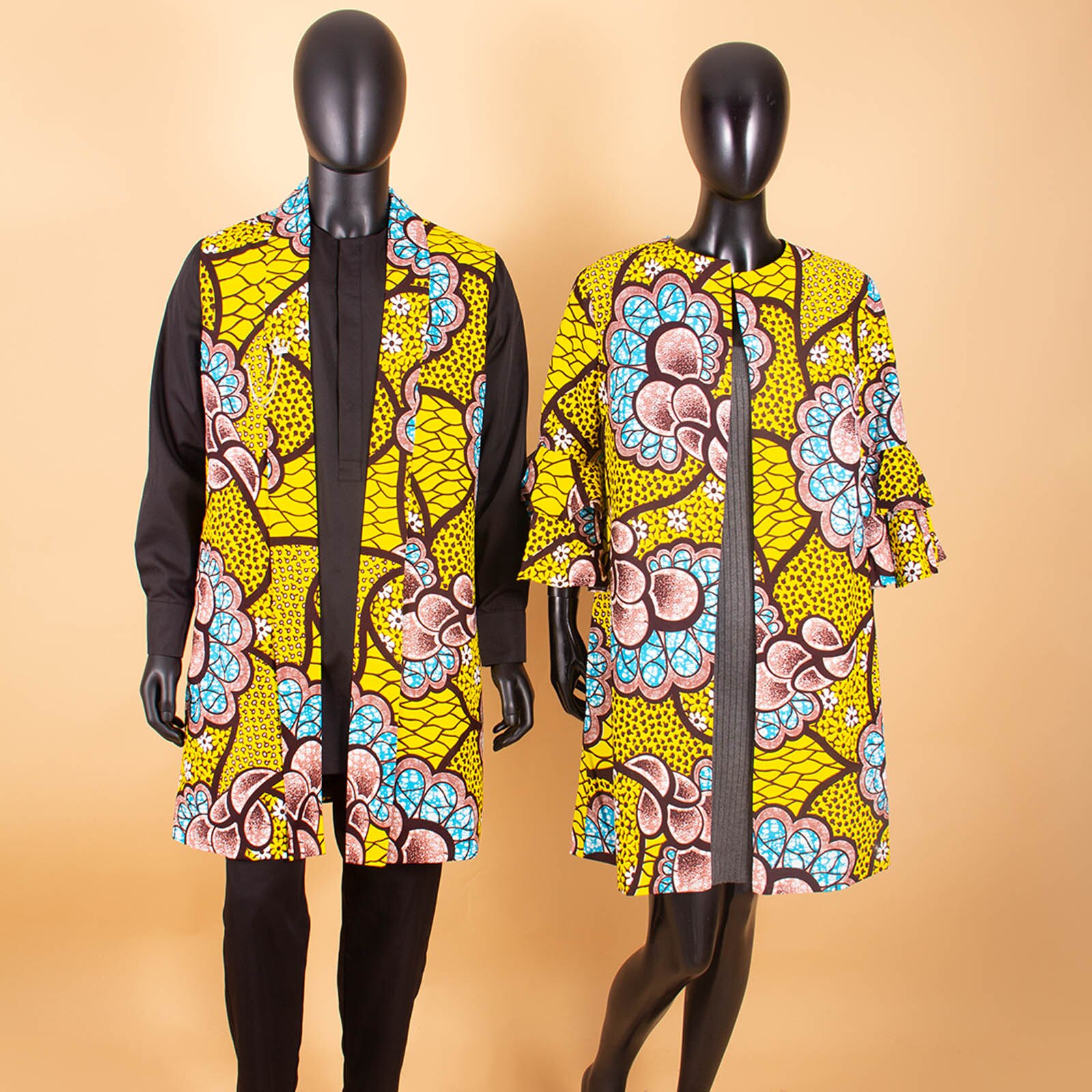 African Couples Outfits  Women Coat Long Jacket Match Men Vest + Top and Pants 3 Pieces Set With Pockets& Breastpin Y22C072