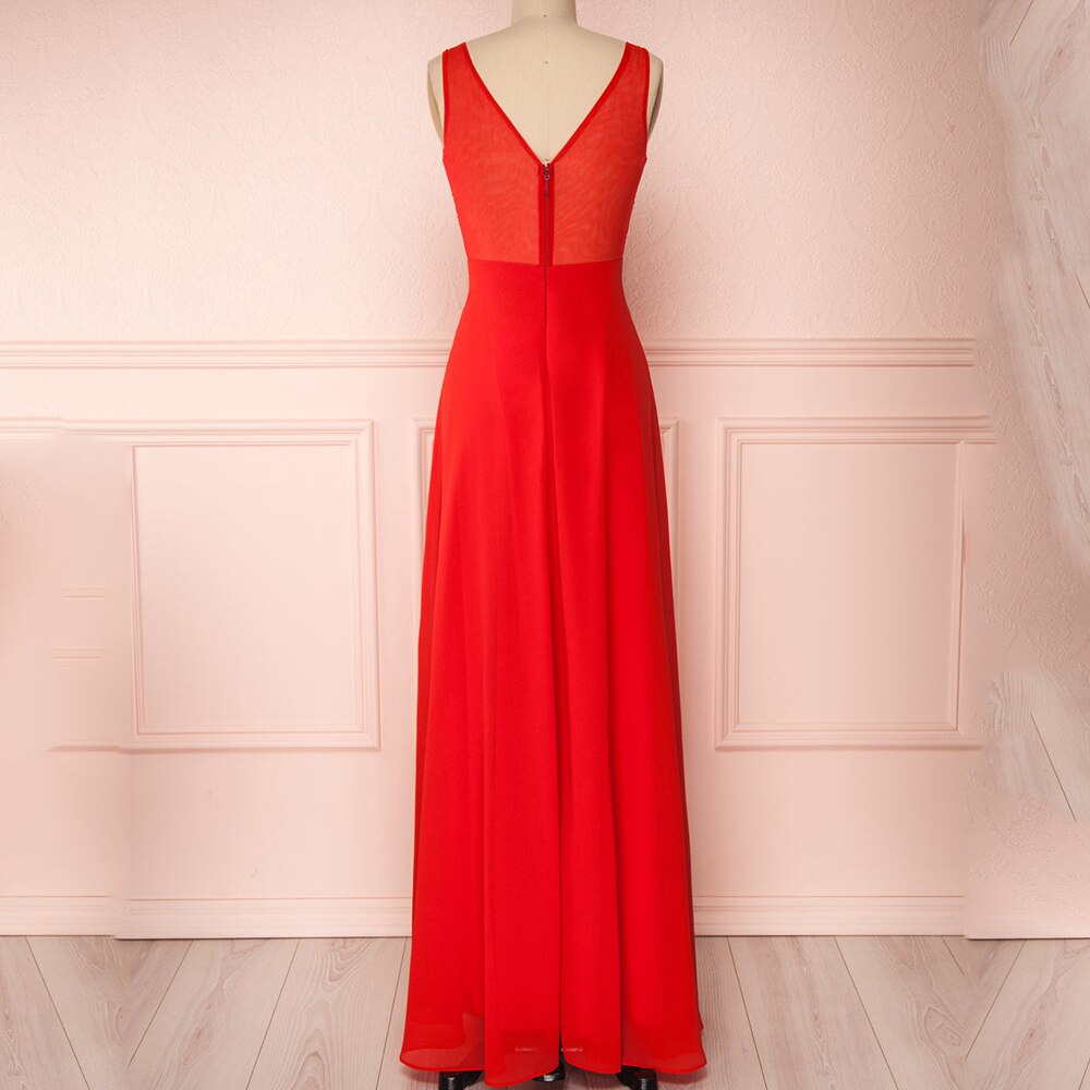 ENOCH Stunning V-Neck A-Line Evening Dresses Sleeveless Backless Red Appliques Formal Gowns Chiffon Side Split Vestido De Noche