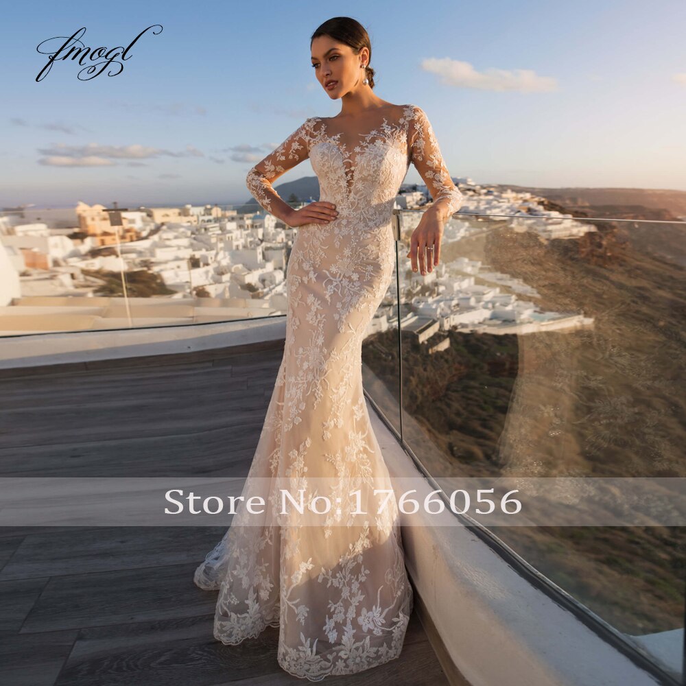 Fmogl Sexy Illusion Long Sleeve Lace Mermaid Wedding Dresses 2022 Luxury Appliques Button Detachable Train Trumpet Bride Gown