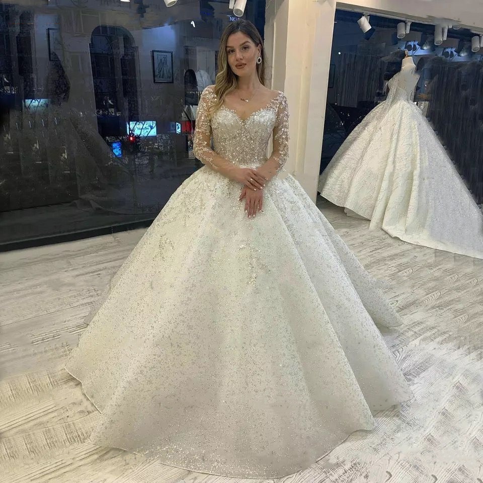 Sparkly Crystal Wedding Dress Long Sleeves 2022 Vestido De Noiva Lace Up Pageant Beading Bridal Gowns Custom Made Hochzeitskleid