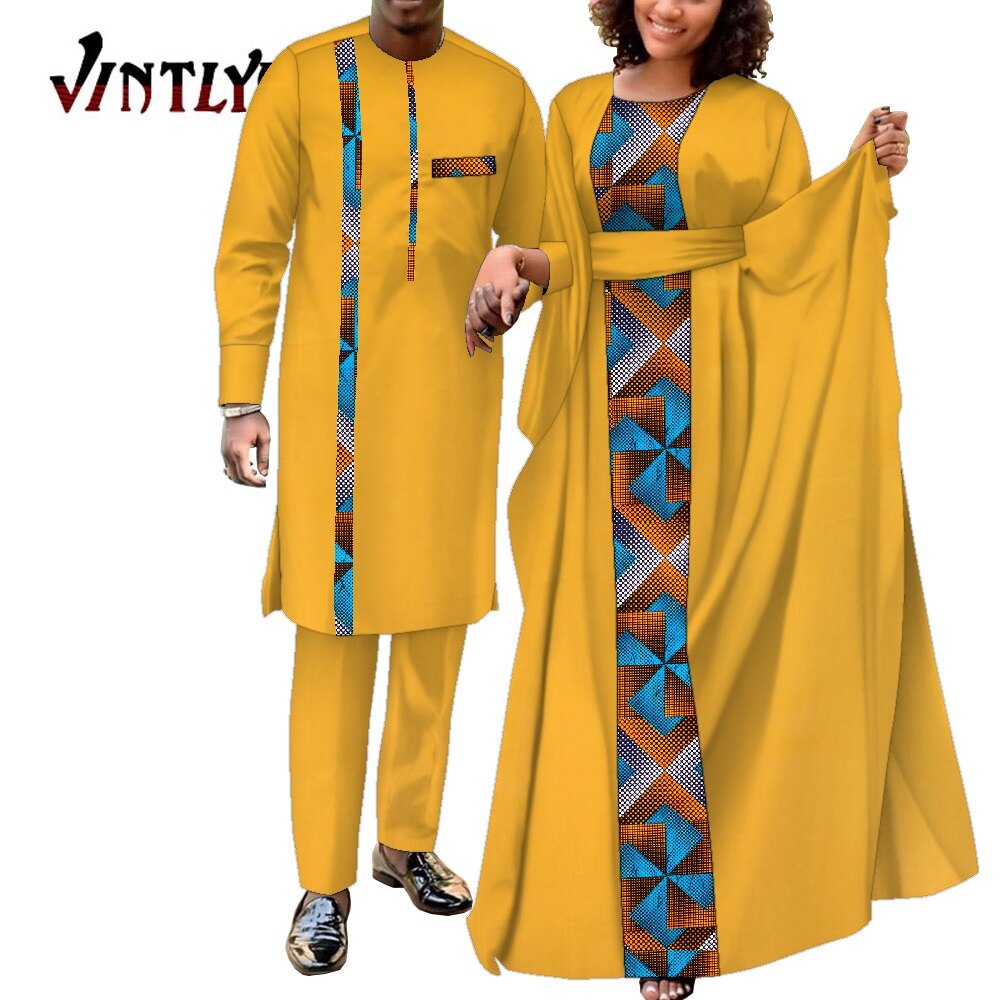 2 Pcs African Dresses for Women and Dashiki Men Suits Floral Print Couple Clothes Lovers Outfit Patchwork Robe Dress Wyq949