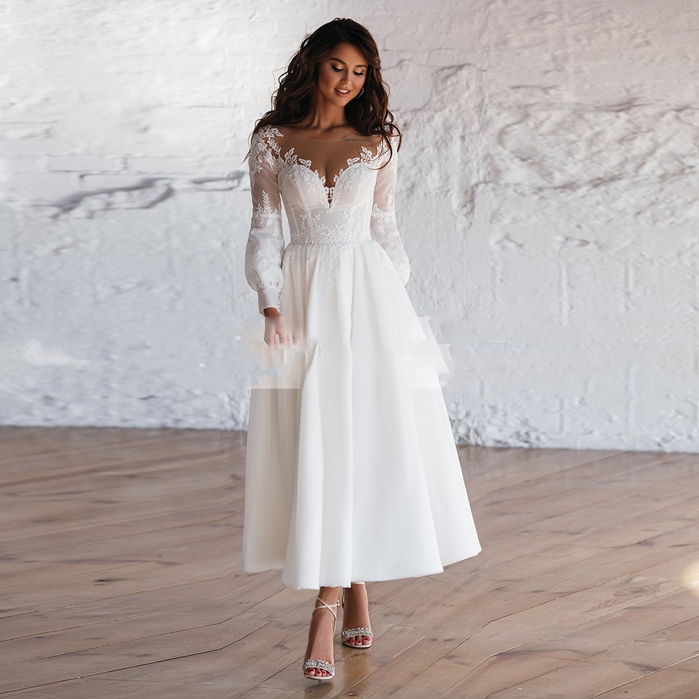 Vintage Beach Short  Wedding Dress For Woman With Long Sleeves Bridal Gown Ankle Length 2022 Custom Made Civil Robe De Mariee