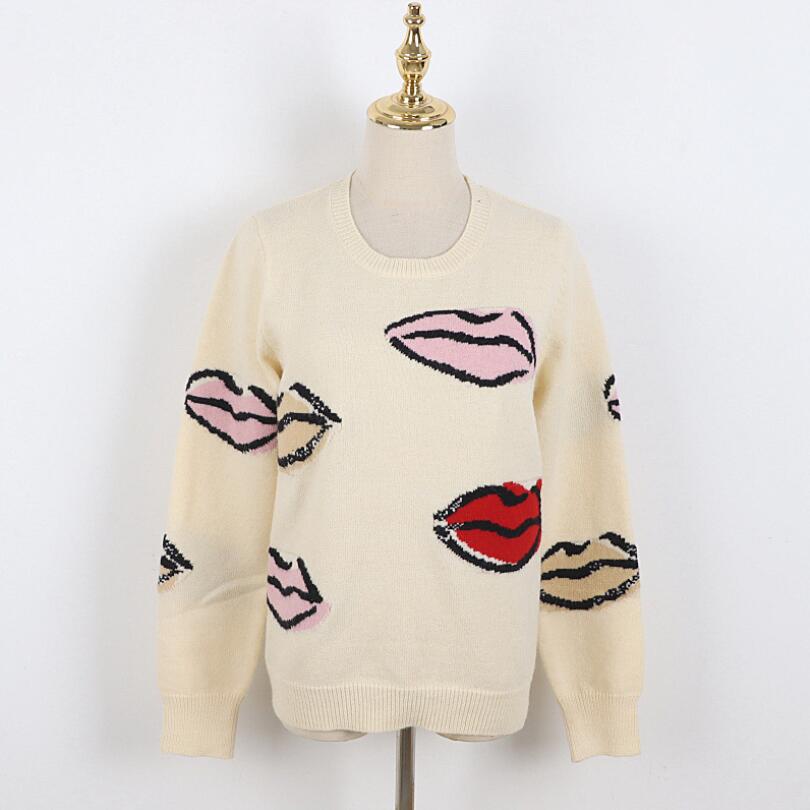 Vintage Sweaters Women 2021 Autumn Winter Lips Pattern Casual Long Sleeve Streetwear Knitted Pullovers Jumper Tops Clothing p396
