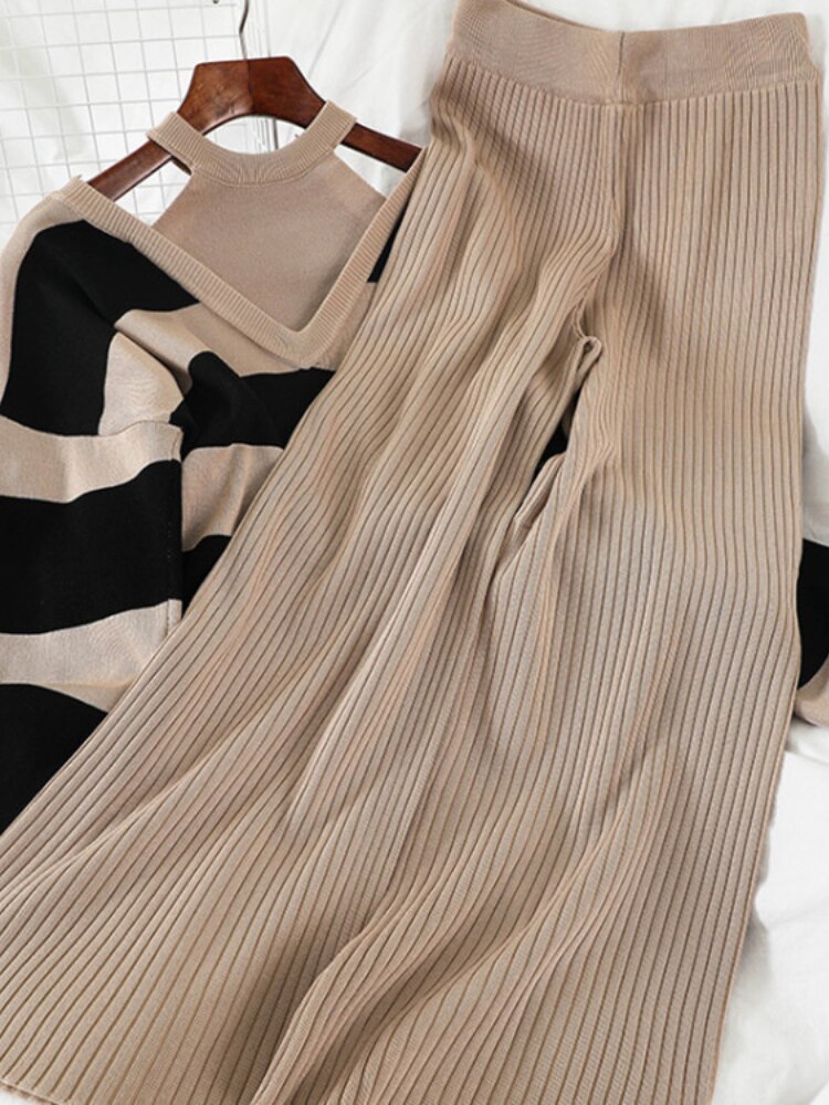 Tracksuit Women Two Piece Set Fashion Black White Stripe Knitted Two Piece Women Sets High Waist Loose Women's Wide Leg Pants
