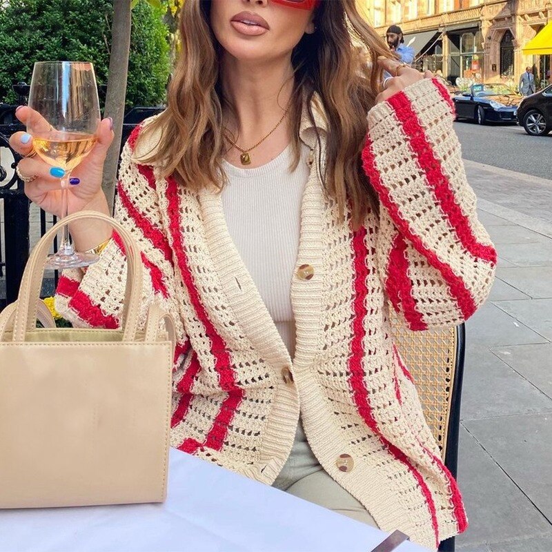 European and American Sexy Ladies Suit Sweet Casual Hollow Knitted Striped Cotton Button Cardigan Elastic Waist Shorts Women