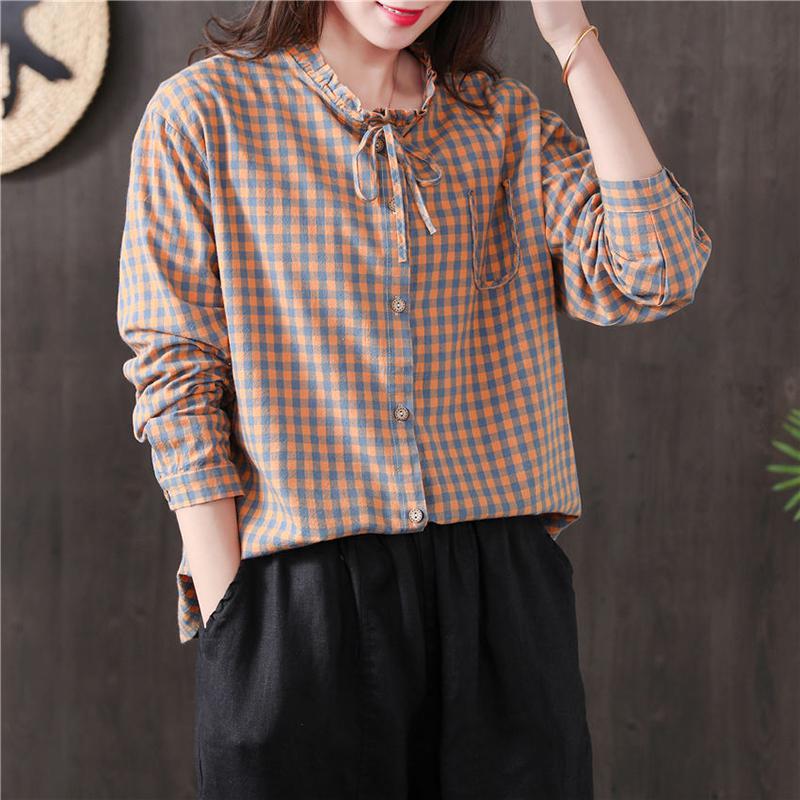 New Arrival 2020 Spring Arts Style Women Long Sleeve Loose Shirts All-matched Casual Cotton Linen Plaid Vintage Blouses S887