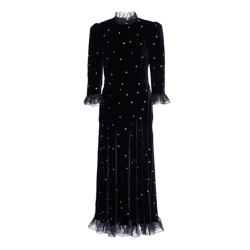 2021 Women Elegant Solid black Shiny Sequin diamond Mesh Patchwork Velvet Party Dress flounces Long Sleeve High Neck Midi Dresse