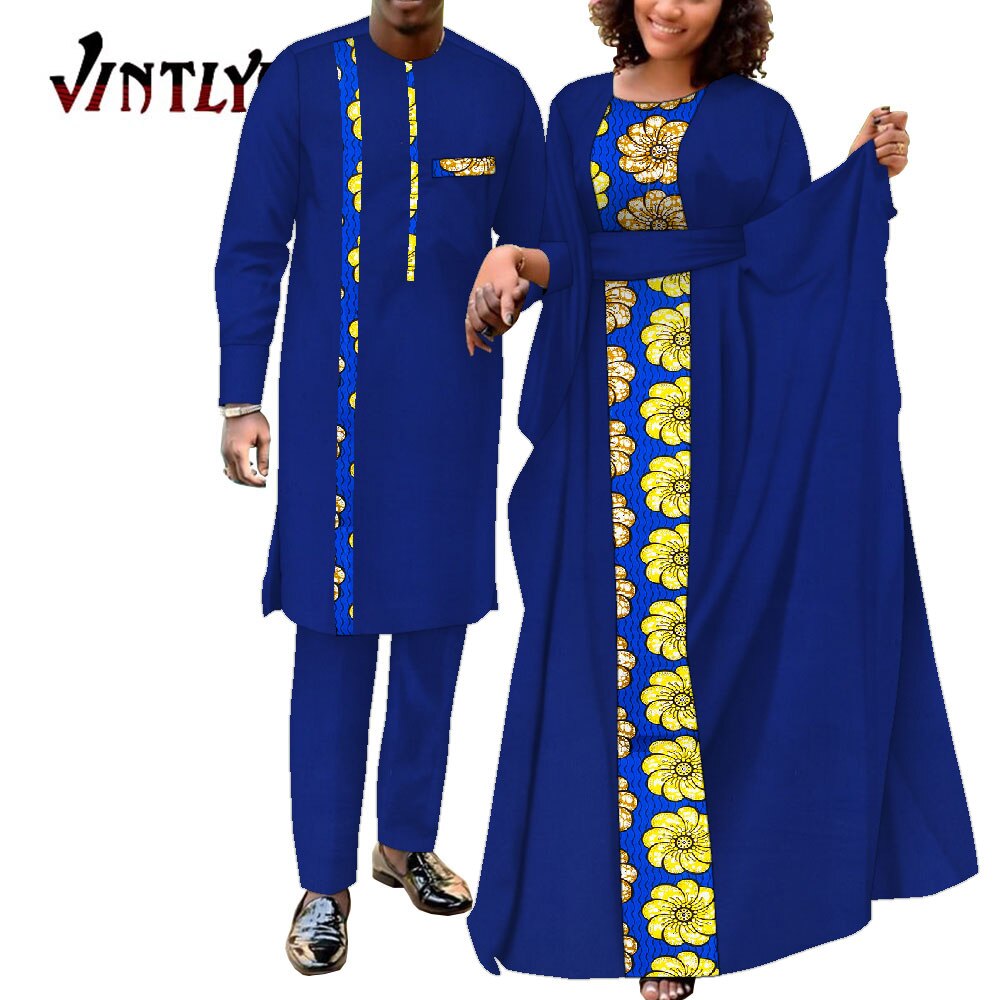 2 Pcs African Dresses for Women and Dashiki Men Suits Floral Print Couple Clothes Lovers Outfit Patchwork Robe Dress Wyq949