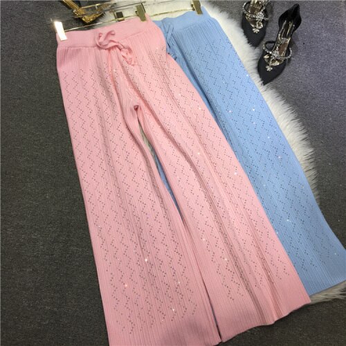 European Fashion Women's Knit Pants Heavy Embroidery Rhinestone Wide-Leg Pants Slimming Trousers High Waist Autumn Winter 2022