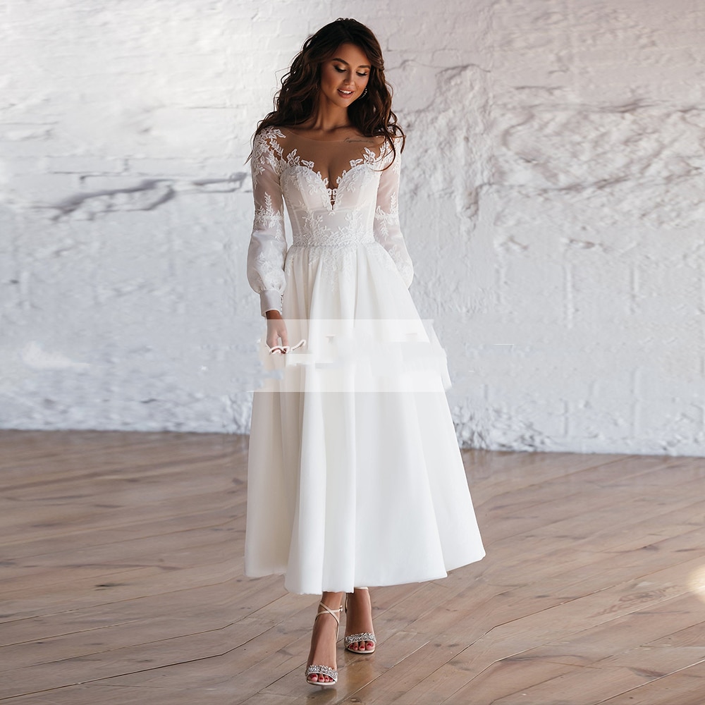 Vintage Beach Short  Wedding Dress For Woman With Long Sleeves Bridal Gown Ankle Length 2022 Custom Made Civil Robe De Mariee