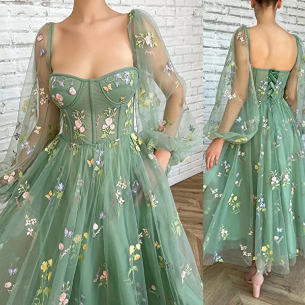 Flower Women Prom Party Dress Long Sleeve Evening Dresses Gown Green Sweet Square Collar Lace Robe De Soiree