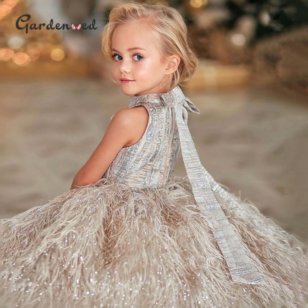 Gardenwed Puffy Princess Dress Luxury Girl Birthday Dress Feather Flower Girl Dress Child Dress First Communion Baby Girl Gown