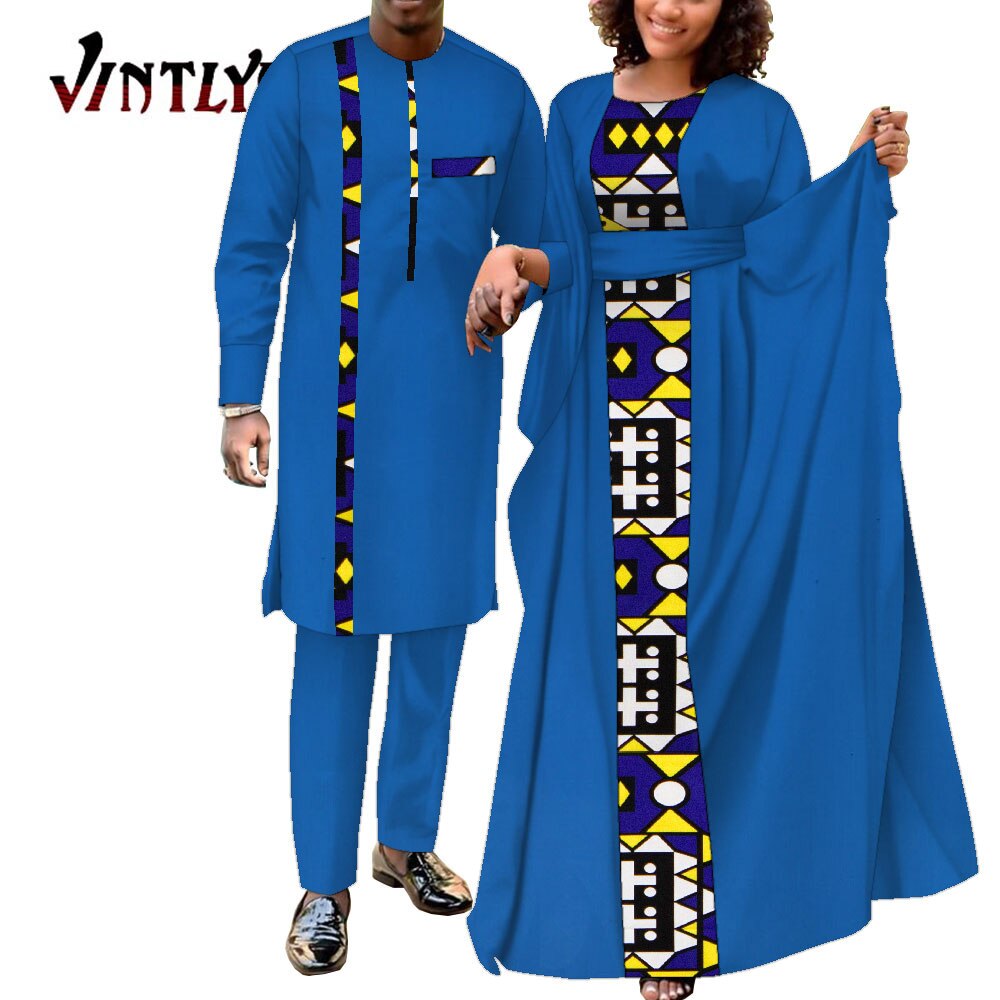 2 Pcs African Dresses for Women and Dashiki Men Suits Floral Print Couple Clothes Lovers Outfit Patchwork Robe Dress Wyq949