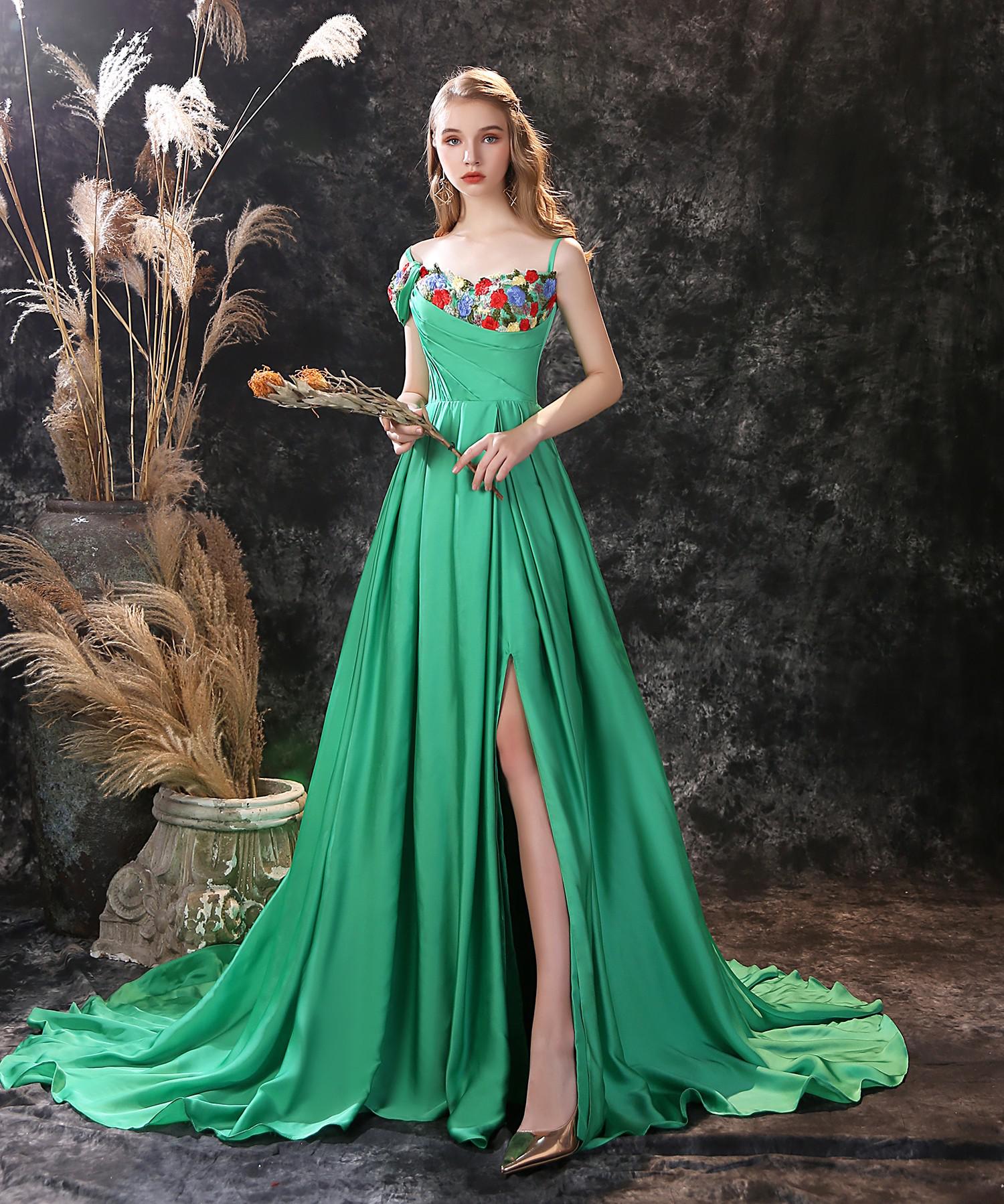 PAFFAS Green Simple spaghetti straps Satin Flowers Prom Dress High Side Split Celebrity Formal Prom Gowns Sweep Train Vestido