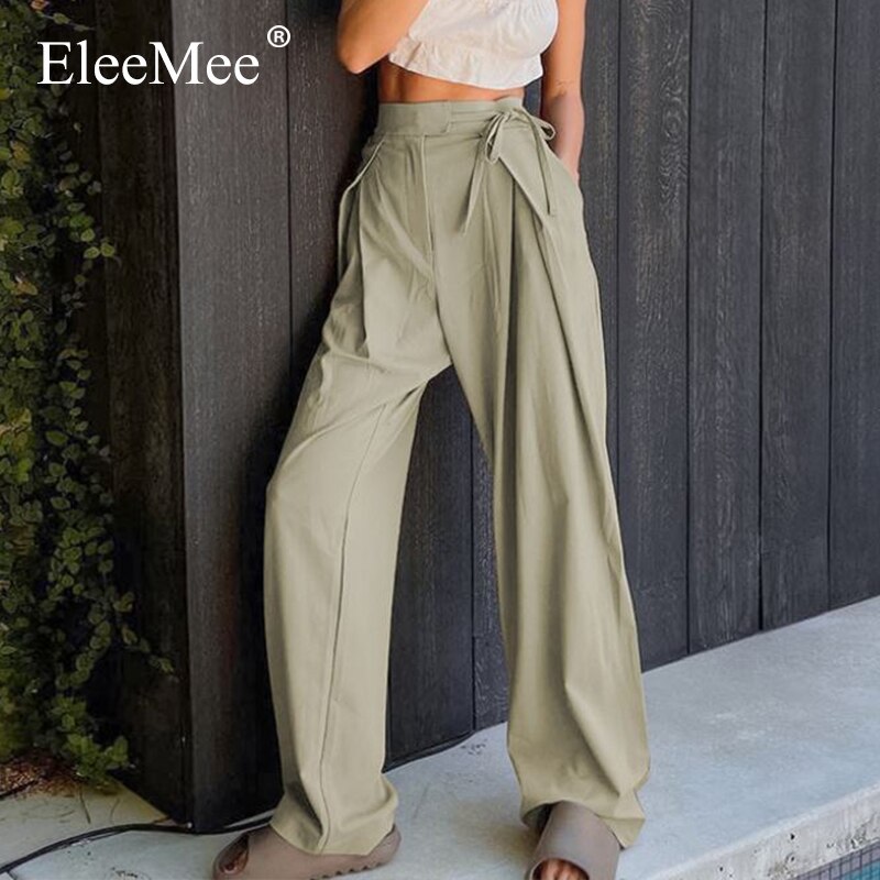 EleeMee Women Pants Wide Leg Pants Cross Strap High Waist Casual Straight Ultra Long Trousers Female Fashion Pants Size S-L