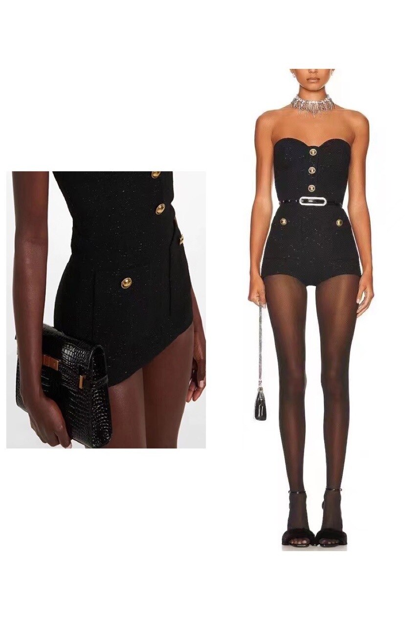 GetSpring Women Sets Metal Button Short Black Blazer Jacket Strapless Slim Playsuits Two Piece Sets 2022 Autumn Winter Fashion