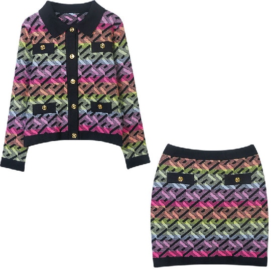 2022 Autumn and Winter New Women Color Contrast Letter Jacquard Commuter Slim Knitted Cardigan Skirt Suit Two-Piece Set