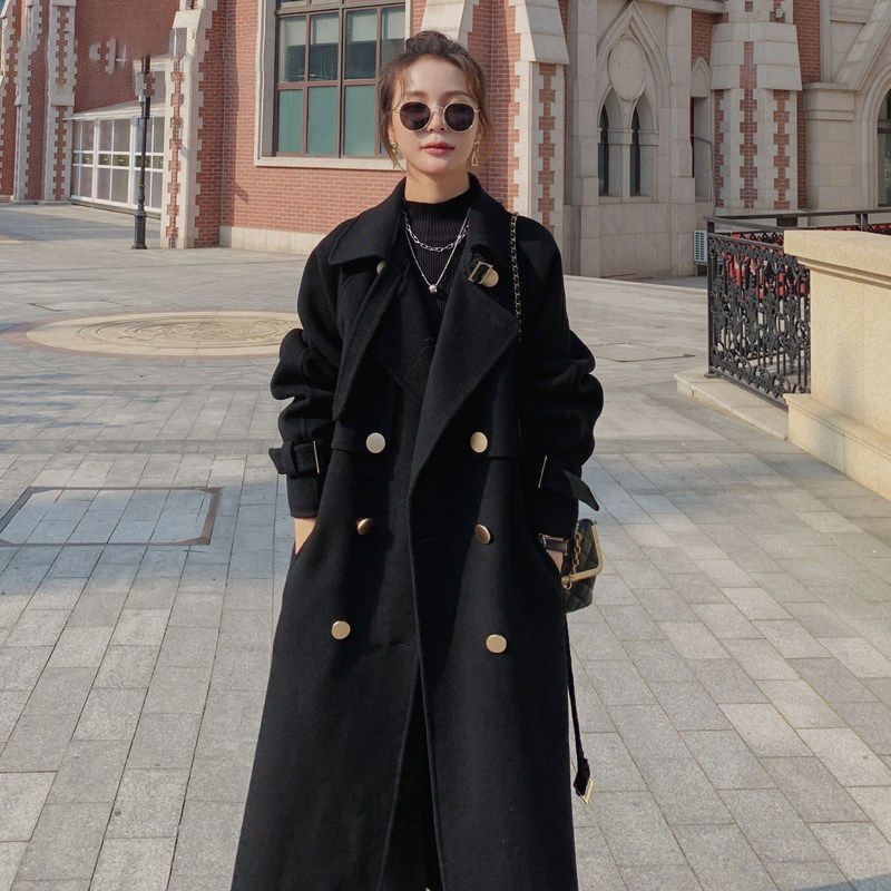 Fashion Elegant Black Woolen Coat 2022 Autumn And Winter New Loose Double-breasted Temperament Hepburn Long Red Overcoat Jacket