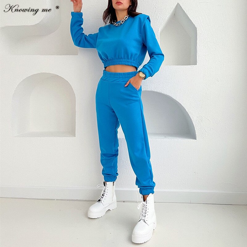 Autumn Winter tracksuit set women casual crop top and Elastic waist long pants two piece set Lady solid color pullover top set