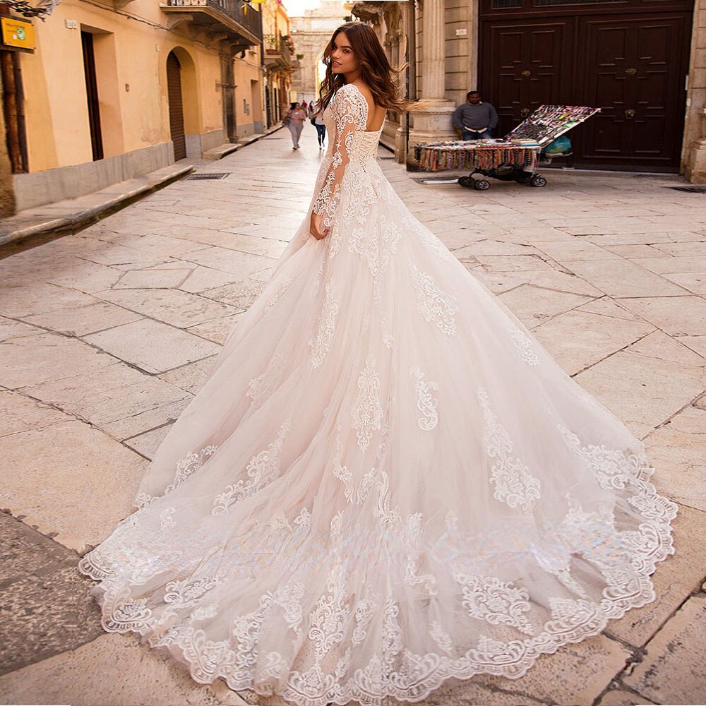 Vestidos De Novia Long Sleeve Ball Gown Wedding Dress Lace Up Back Vintage Robe De Mariage Appliques Tulle Abito Da Sposa
