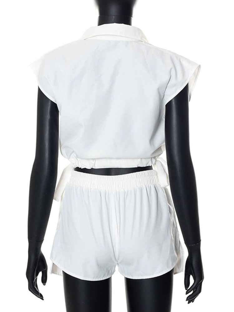 Bandage 2 Piece Sets Women Summer Lapel Sleeveless Buttons Up Loose Tops and Drawstring Pockets Shorts Streetwear Suit