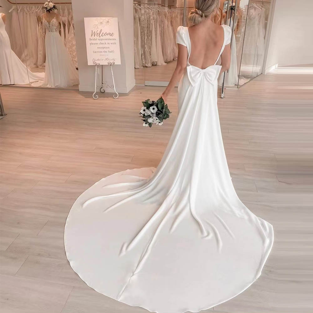 LaBoum Simple O-Neck Satin Wedding Dresses Short Sleeves Mermaid Bridal Gowns Backless With Bow Vestido De Novia Custom Made