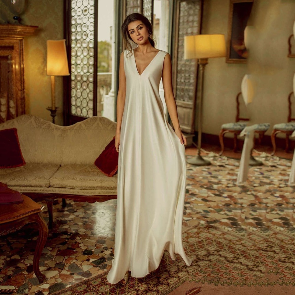 Simple Wedding Dress For Women High Waist Sexy V Neck Empire Satin Bridal Gown With Bow knot Civil Vestido De Novia Custom Made