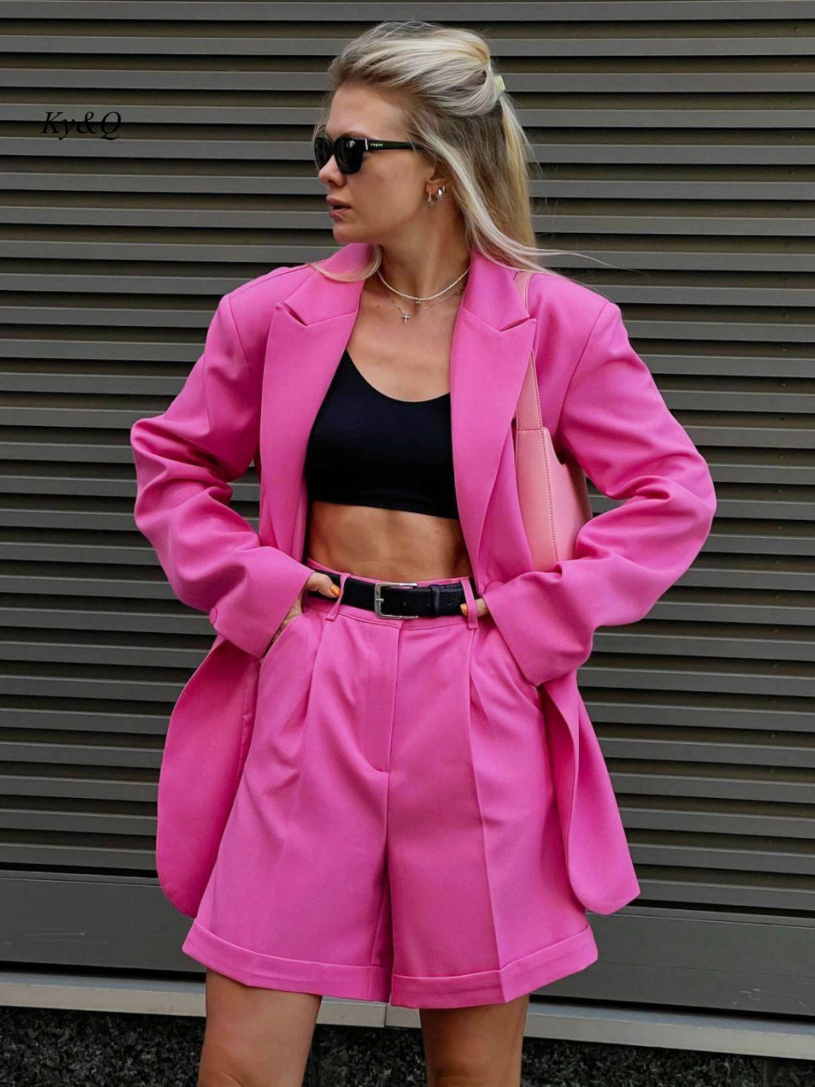 Rose Red Temperament Commuter Long-Sleeved Loose Suit + Pleated Shorts (No Belt) Two-Piece Set Female 2022 Autumn Fashion Suit