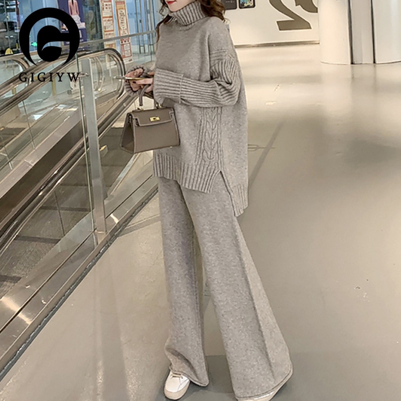 GIGIYW Winter Fashion High Neck Split Thickened Sweater Wide Leg Pants Slouchy Loose Knitted Set Women Autumn Winter 2022 New