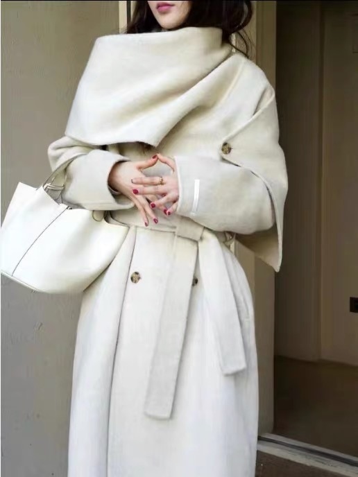 Korean High-End Scarf Collar Coat Double Breasted Sashes Woolen Long Temperament Women Autumn Winter Windbreaker Jacket T1078