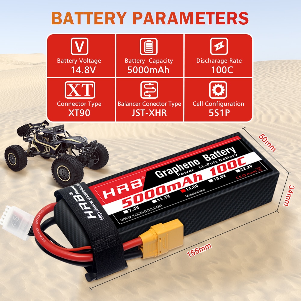 HRB 2S 3S 4S 6S 5000mah Graphene Battery100C RC Lipo Battery XT90 EC5 XT150 Plug for RC Car Truck helicopter Drone Airplane Boat
