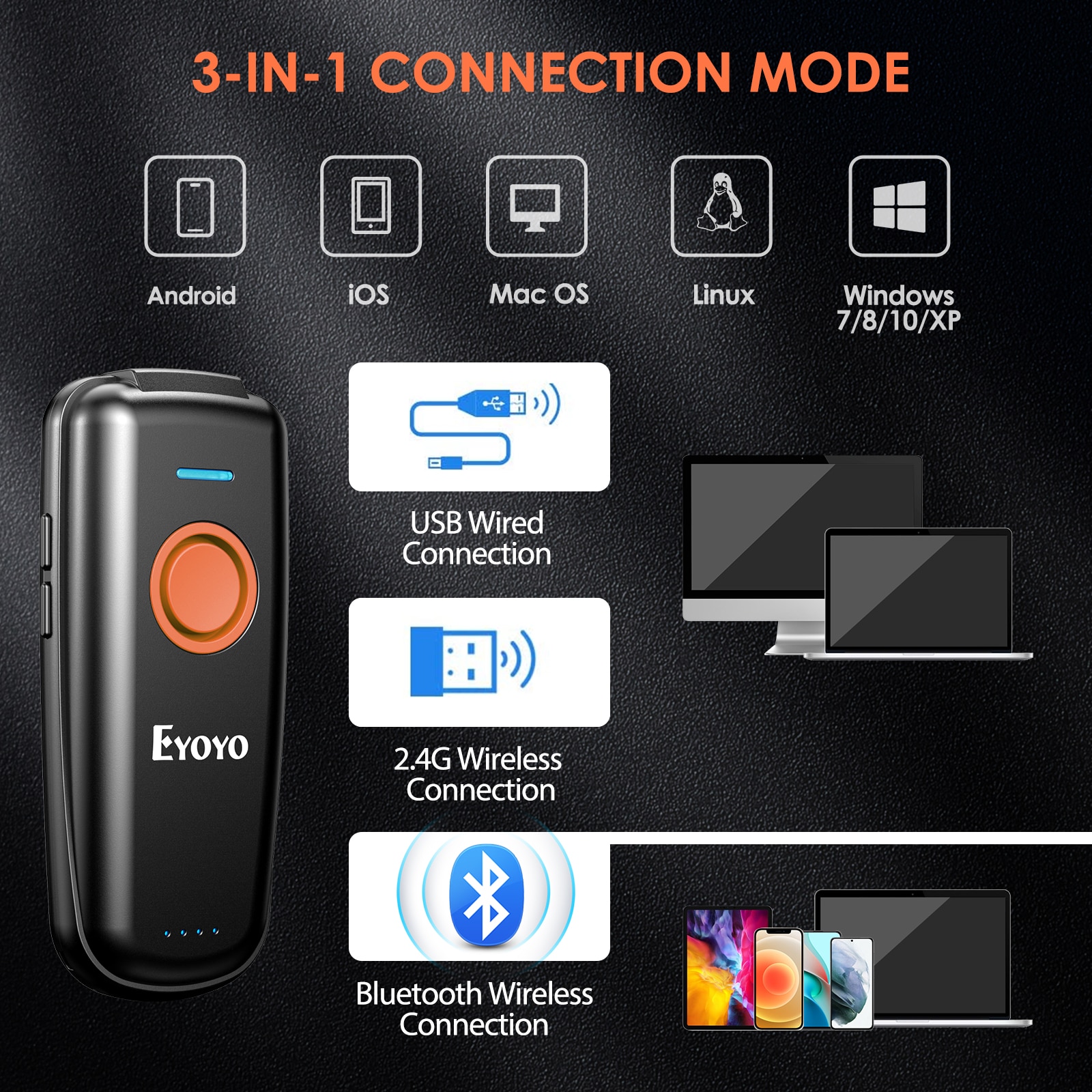 EYOYO EY-023L Mini Barcode Scanner 1D 2.4G Wireless Bar Code Scanner For Android IOS Windows Bluetooth Scanner Laser Reader