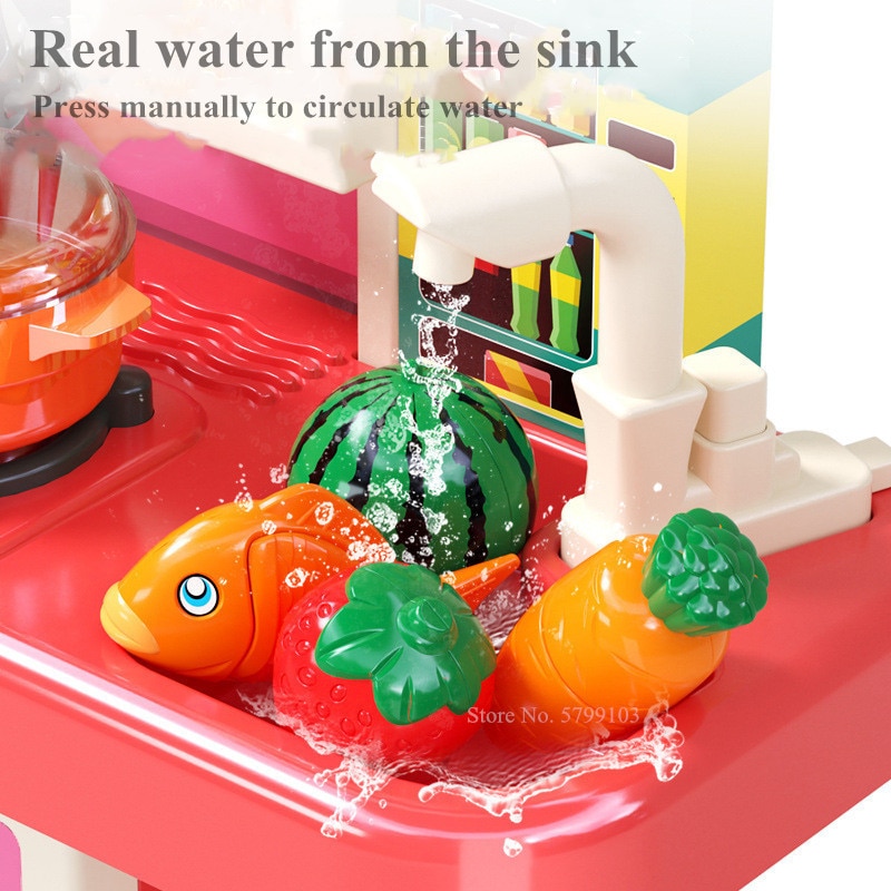 95cm Large Kids Play House Kitchen Set Spray Kitchen Girl Baby Mini Food Cooking Simulation Dining Table Toys Christmas Gifts
