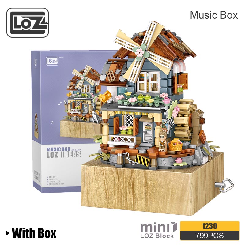 LOZ classical windmill house music box music box small particles assembled building blocks toy national tide puzzle model