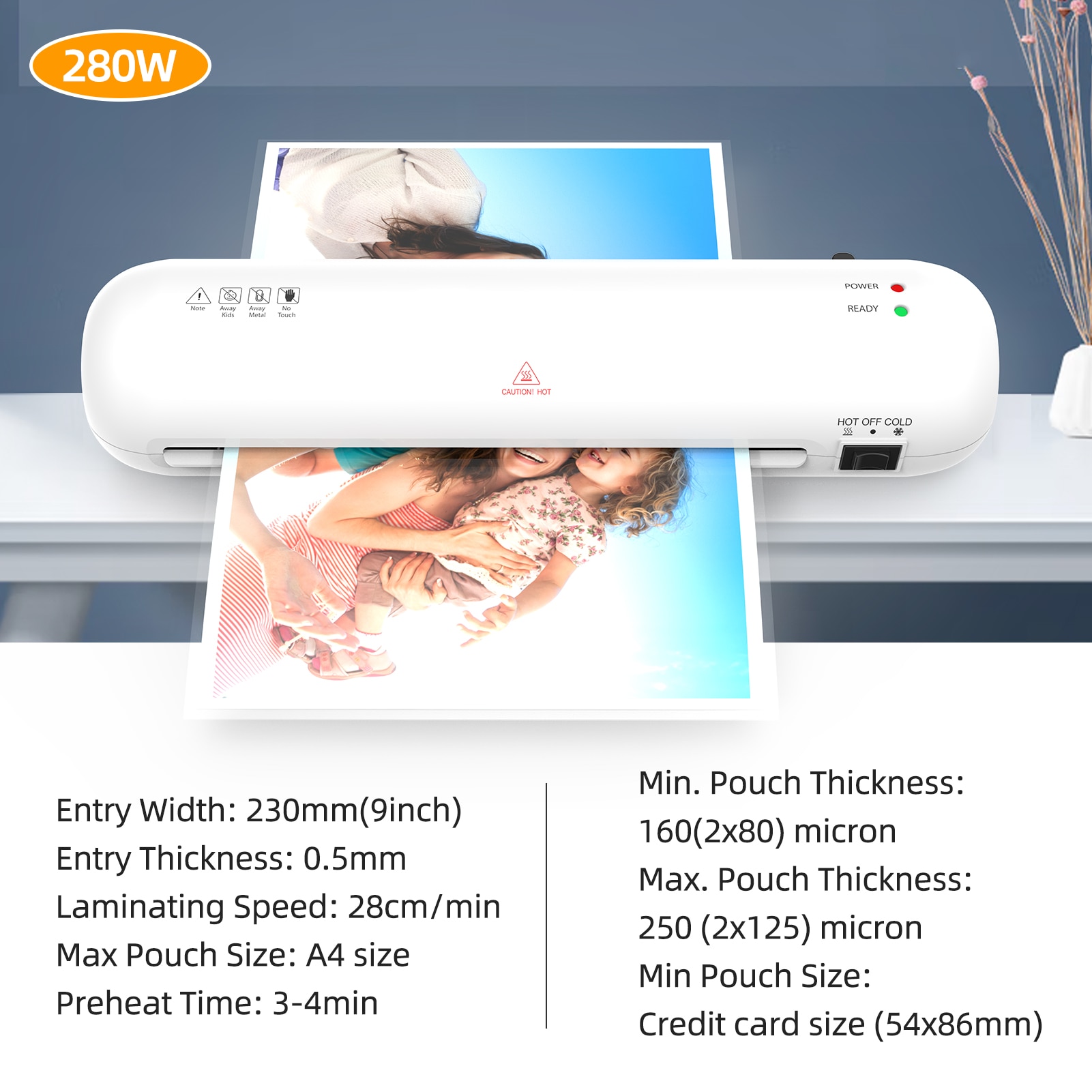 Desktop Laminator Machine Set A4 Size Hot and Cold Lamination 2 Roller System 9 inches Max Width for Home Office School