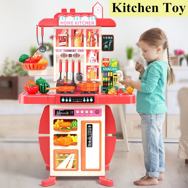 95cm Large Kids Play House Kitchen Set Spray Kitchen Girl Baby Mini Food Cooking Simulation Dining Table Toys Christmas Gifts