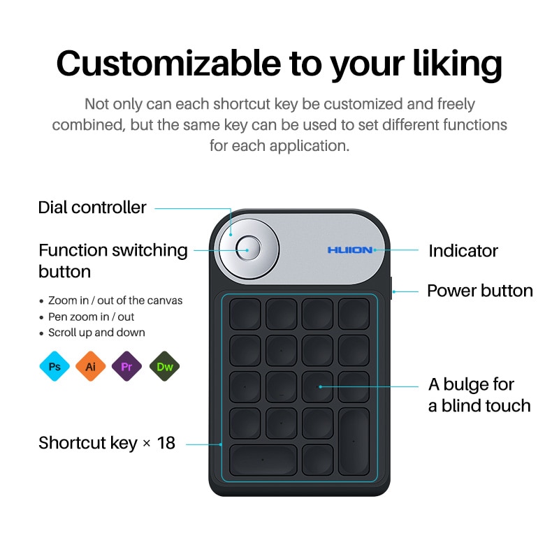 HUION KD100 Keydial Mini Keyboard for Graphics Drawing Tablet Multifunction Wireless Digital Keyboard Keypad 18 Shortcut Keys