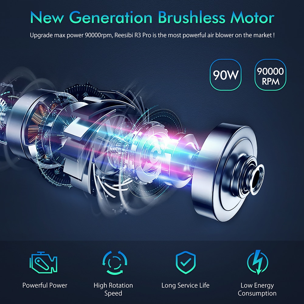 REESIBI 7500mAh 90W Cordless Electric Air Duster Rechargeable Dust Blower 90000 RPM Powerful Compressed Air Cans for PC Keyboard