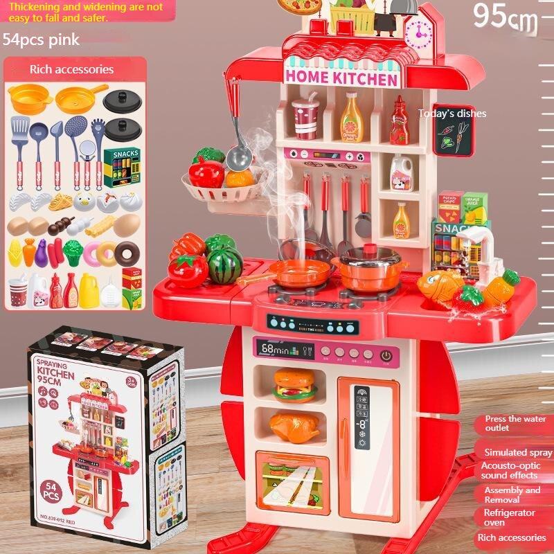 95cm Large Kids Play House Kitchen Set Spray Kitchen Girl Baby Mini Food Cooking Simulation Dining Table Toys Christmas Gifts