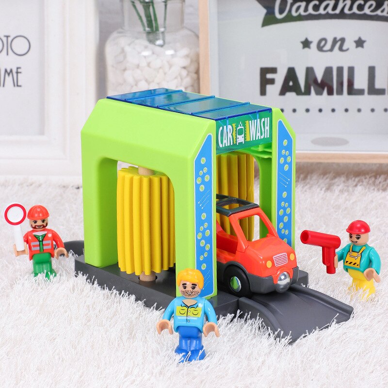 Wooden Track Train Set Car Wash Room Wooden Railway Car Educational Puzzle Toys Compatible Brand Wooden Track Toys for Boy Gifts