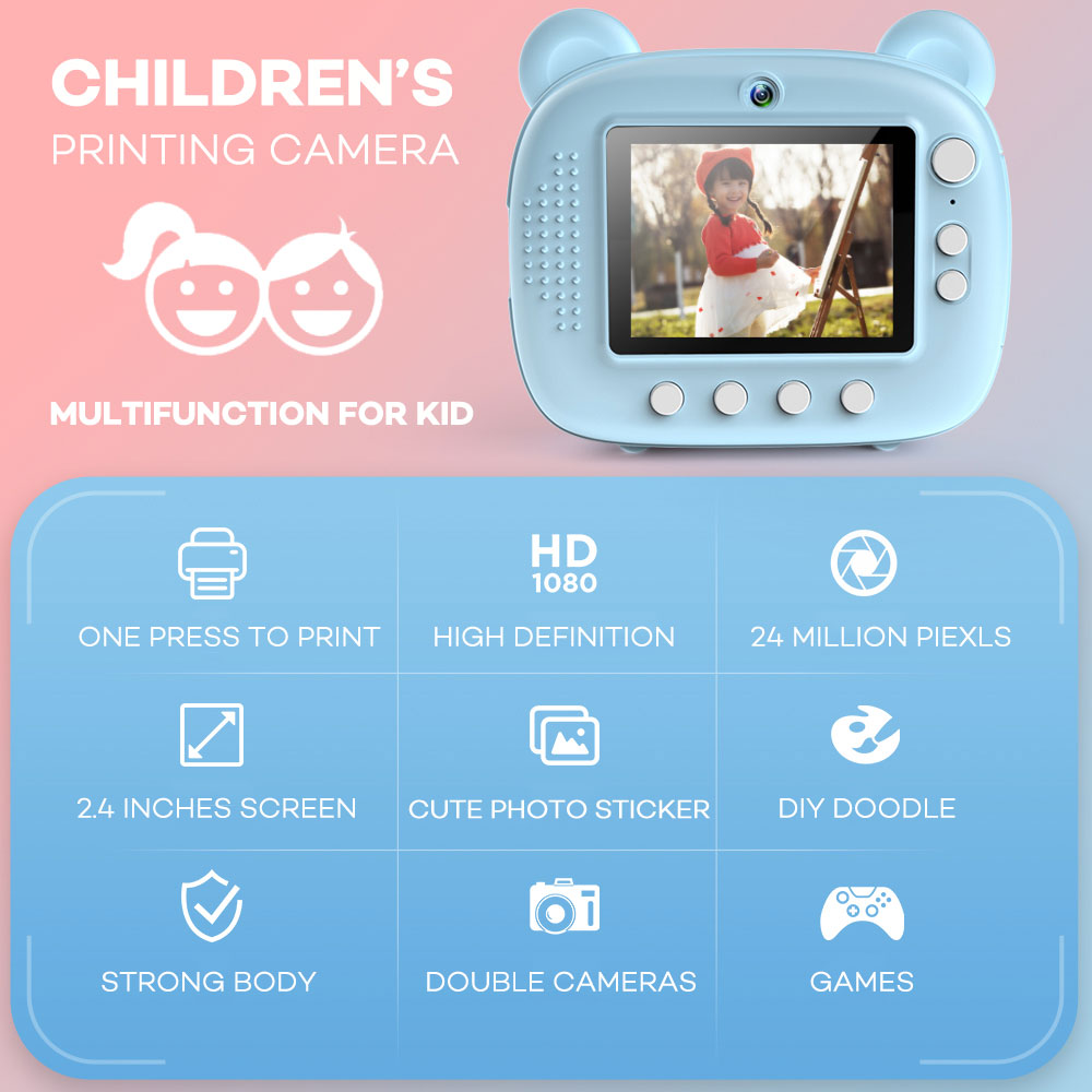 Children's Instant Print Camera Thermal Printing Photo Printer with Thermal Paper Roll Kid's Digital Camera Video Birthday Gift