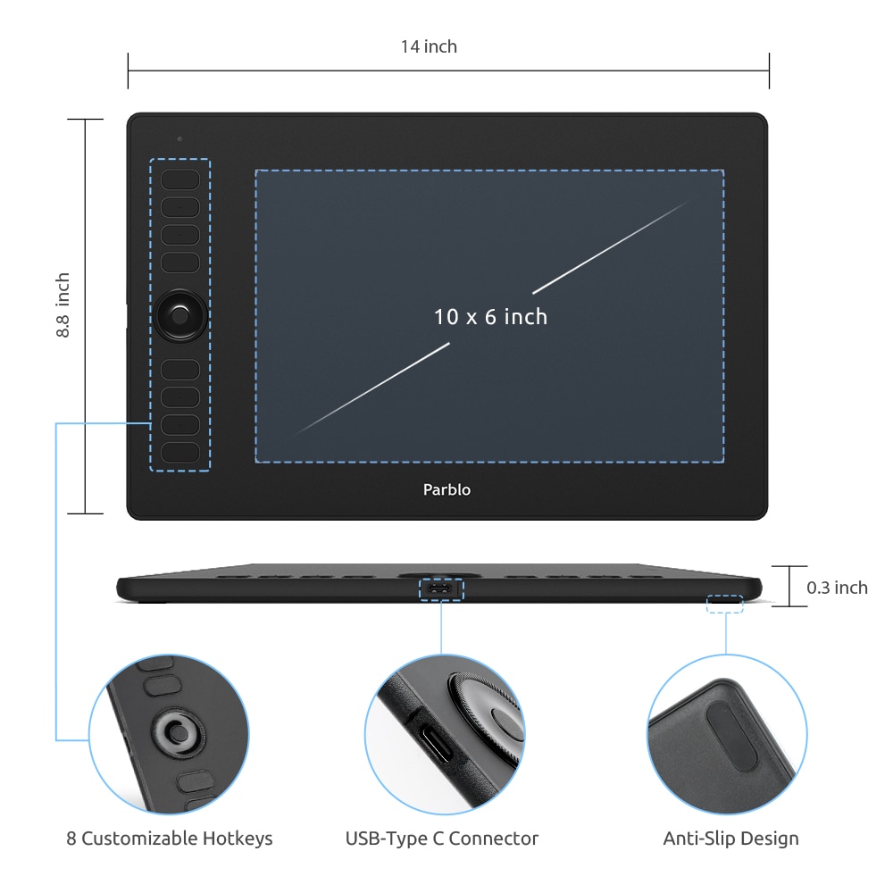 Parblo A610Pro 10×6.25’’ Graphic Drawing Tablet Support Phone Connected 8192 Pressure Digital Board Design Art Touch