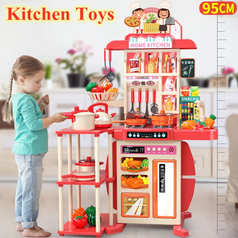 95cm Large Kids Play House Kitchen Set Spray Kitchen Girl Baby Mini Food Cooking Simulation Dining Table Toys Christmas Gifts