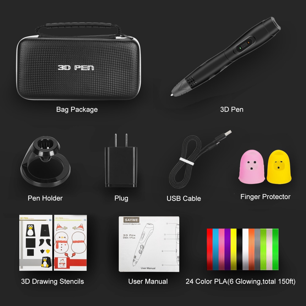 SMAFFOX 3D Pen SMA-1plus With 24 Colors 48 Meter PLA Filament,Professional Printing Pen,6 Speed Level ,Temperature Adjustable