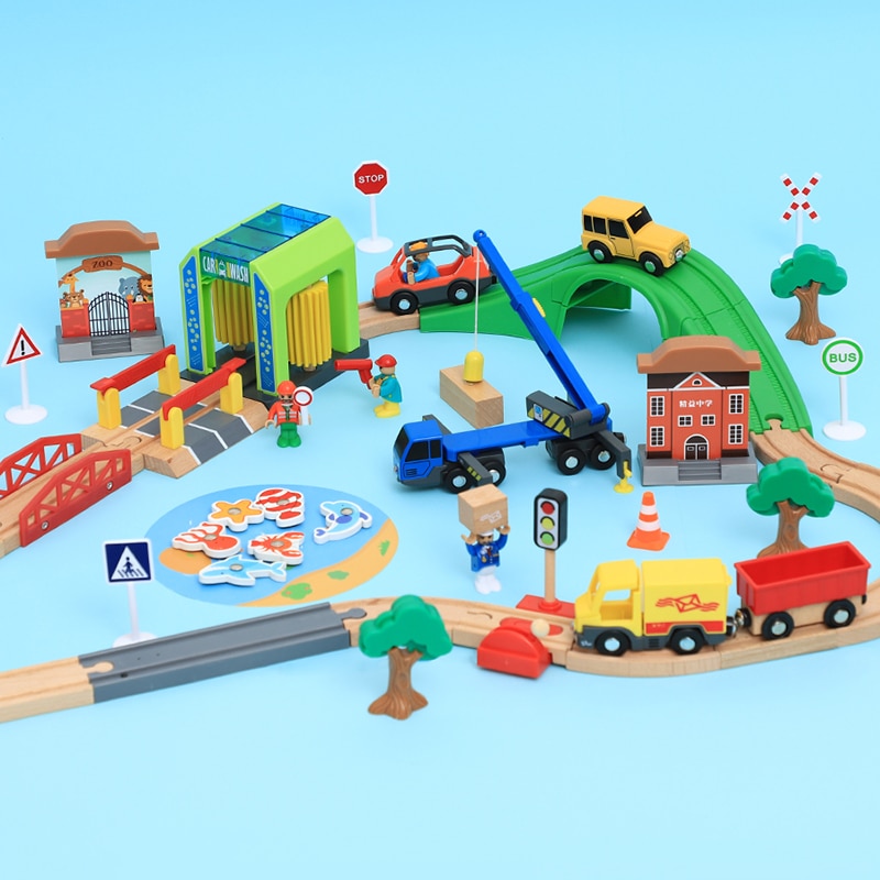 Wooden Track Train Set Car Wash Room Wooden Railway Car Educational Puzzle Toys Compatible Brand Wooden Track Toys for Boy Gifts
