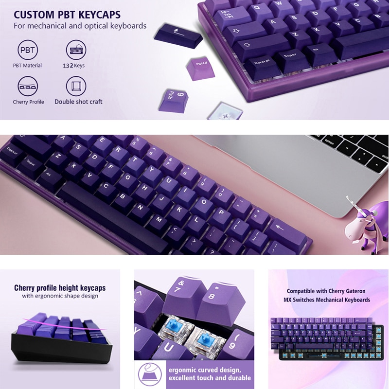 132 Keys PBT Keycaps Cherry Profile Purple Double Shot Set for Mechanical Gamer Keyboard For GK61 Anne Pro 2 Gateron Switches