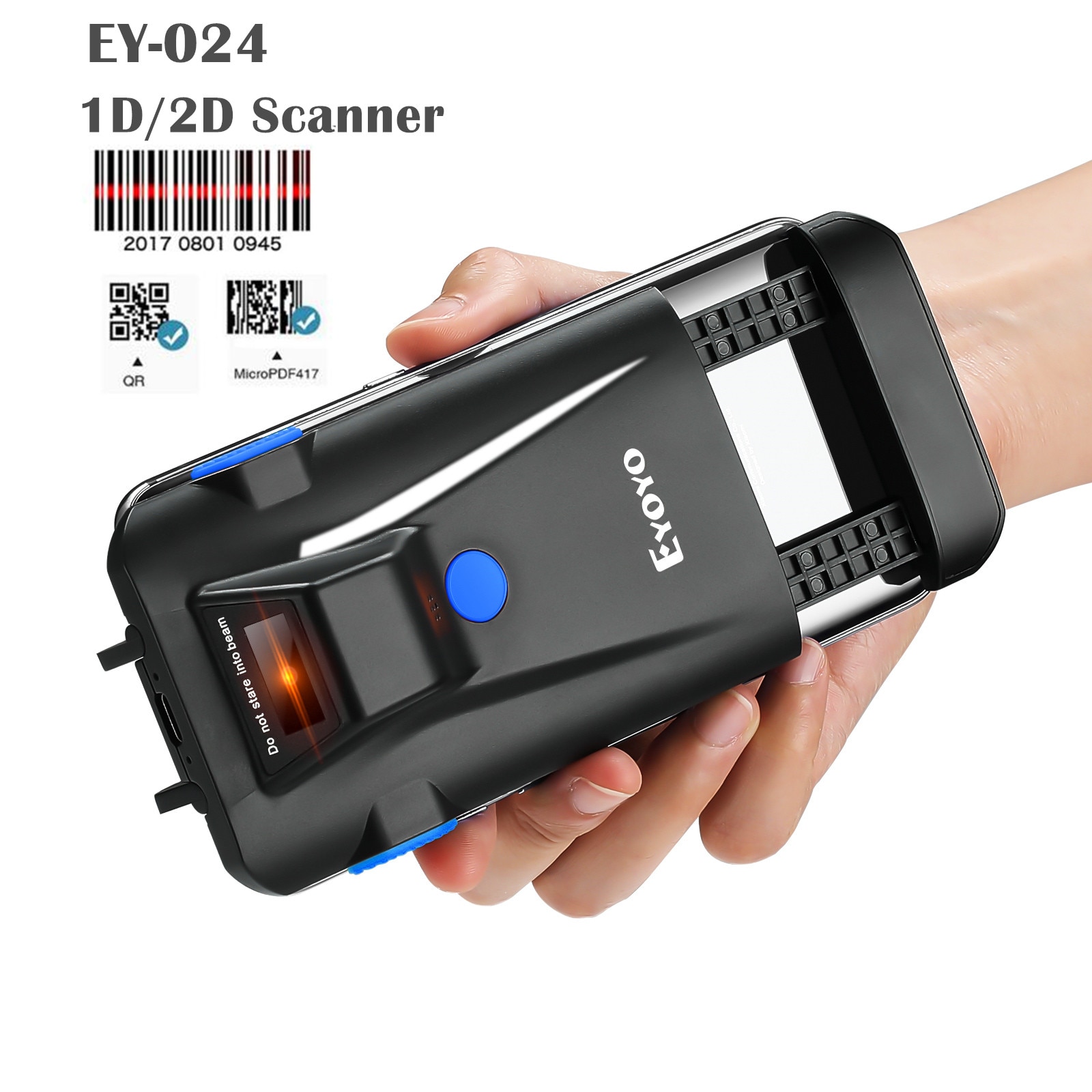 Eyoyo EY-024L1D 2D Back Clip Bluetooth Barcode Scanner Phone Portable Barcode Reader Data Matrix 1D Scanner Windows/Android/ iOS