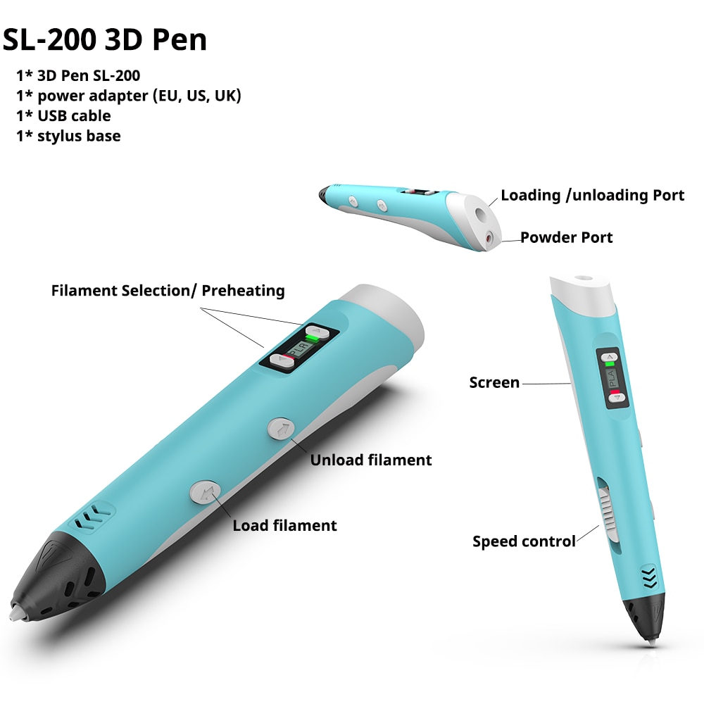 SUNLU SL-300 3D Pen With Plug 3D Printing Pens Support PLA/ABS Filament 1.75mm 8 levels Speed Control Child Christmas Gift