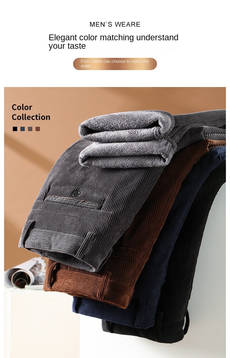 Winter Corduroy Mens Pants Thick Warm Fleece Casual Pants Business Classic Fitted Version Black Brown Trousers For Men Clothing