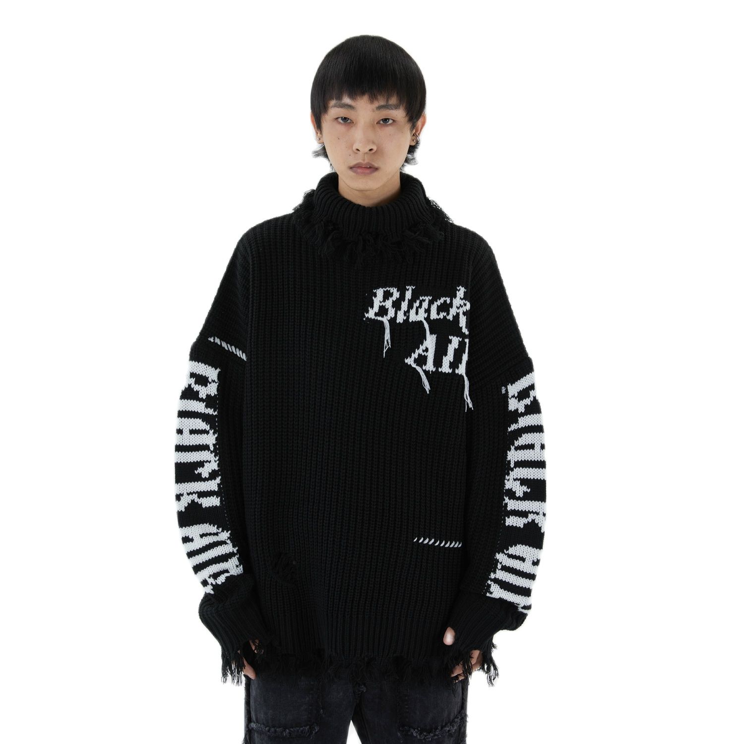 2021 Ripped Hole Punk Turtleneck Sweater Mens Harajuku Vintage Pullover Women Embroidery Hip Hop Goth Knitted Sweater Jerseys